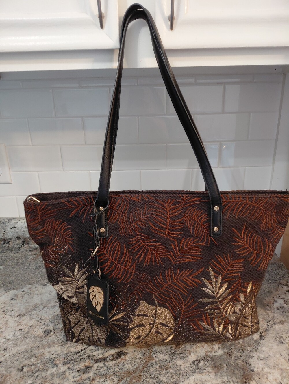 Tommy Bahama Embroidered Black Gold Tropical Leather Leaf Tote Bag **Read**